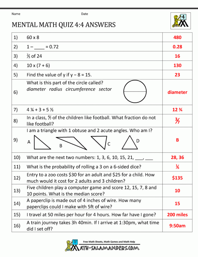 Mental Math 4th Grade