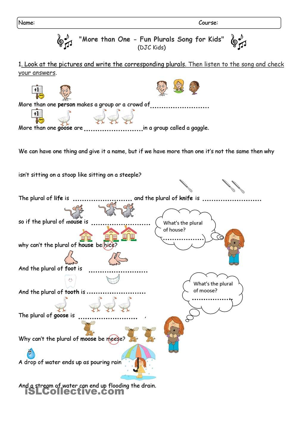 MORE THAN ONE Plurals Song Plurals Nouns Worksheet 1st Grade Math