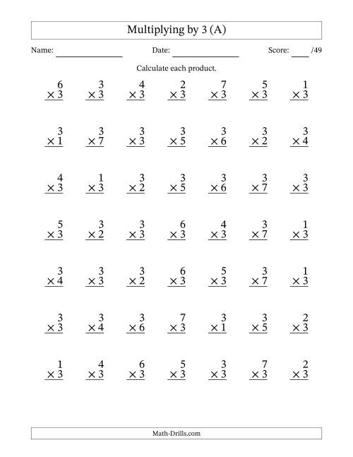 Multiplication Facts To 49 No Zeros With Target Fact 3 A 