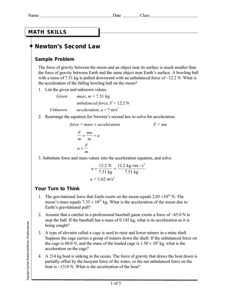 Newtons Second Law Worksheet Answer Key Ivuyteq