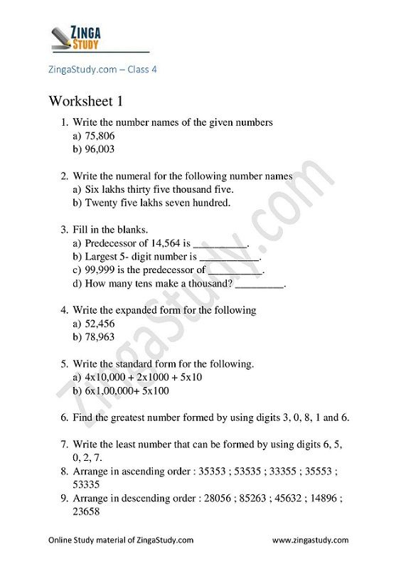 Number Concepts Maths Worksheet Grade 4 4th Grade Reading