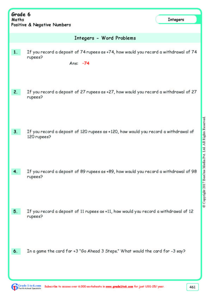 Properties Of Integers Worksheet Grade 7 Pdf