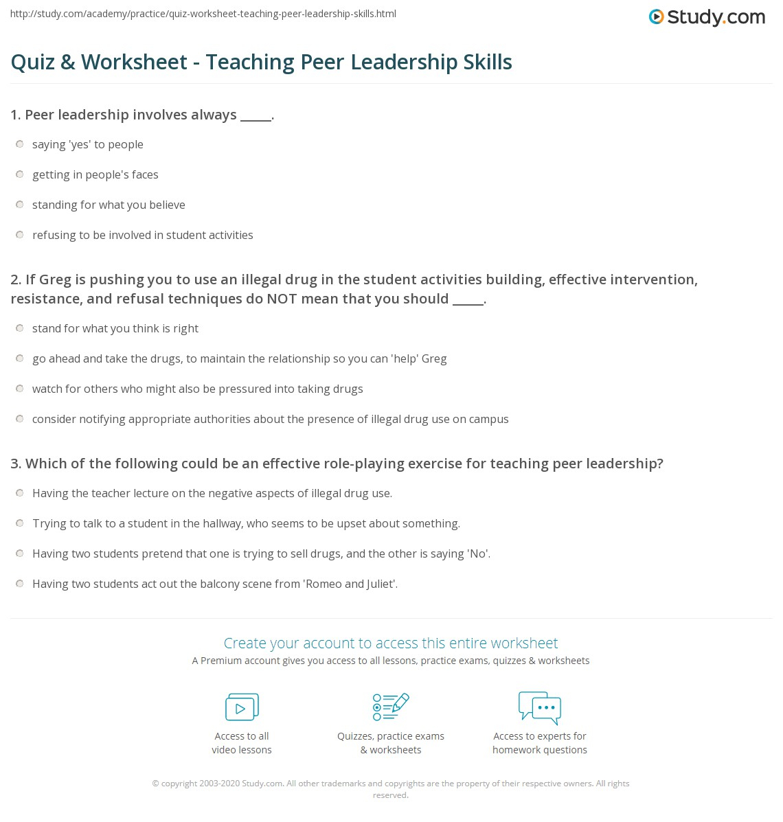 Quiz Worksheet Teaching Peer Leadership Skills Study