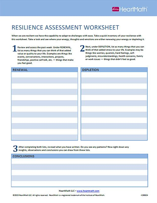 Resilience Assessment Worksheet Resilience Assessment Life Skills