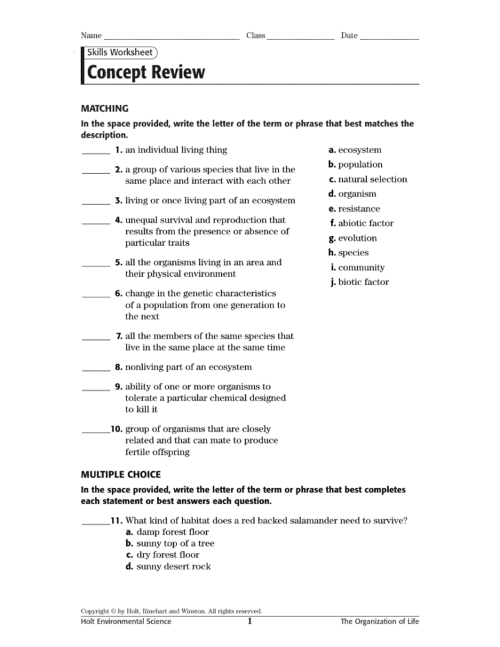 Skills Worksheet Concept Review Answer Key Holt Environmental Science 