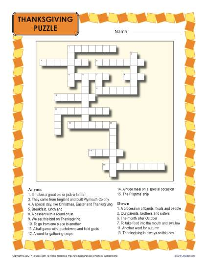 Thanksgiving Worksheet Crossword Puzzle