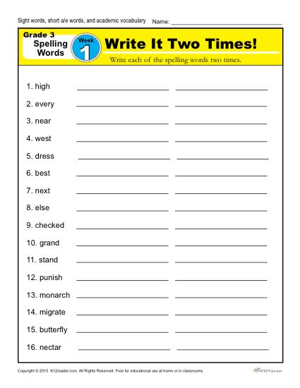 Third Grade Spelling Words List Week 1 K12reader