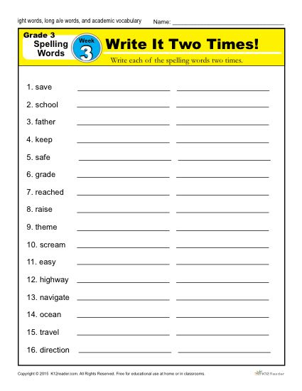 Third Grade Spelling Words List Week 3 K12reader