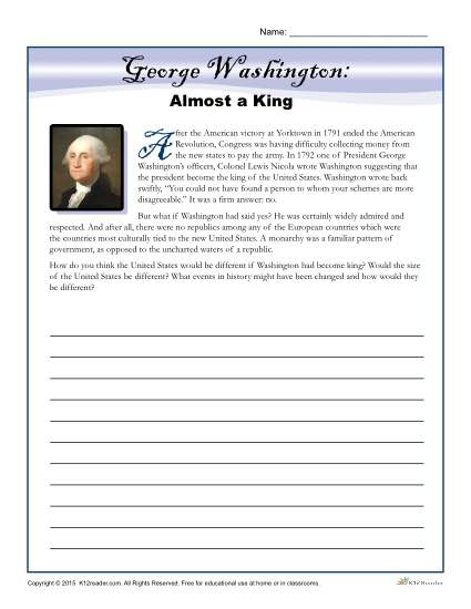 Washington s Birthday Worksheet Almost A King Writing Prompt