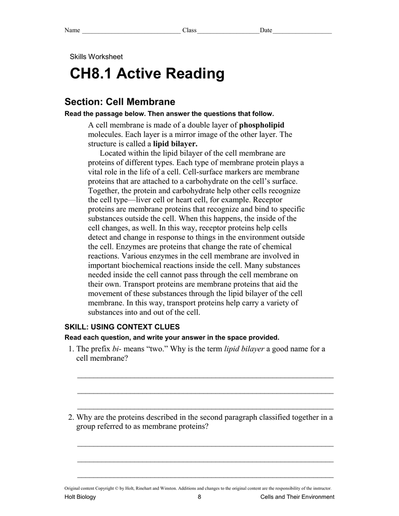 CH8 1 Active Reading Section Cell Membrane