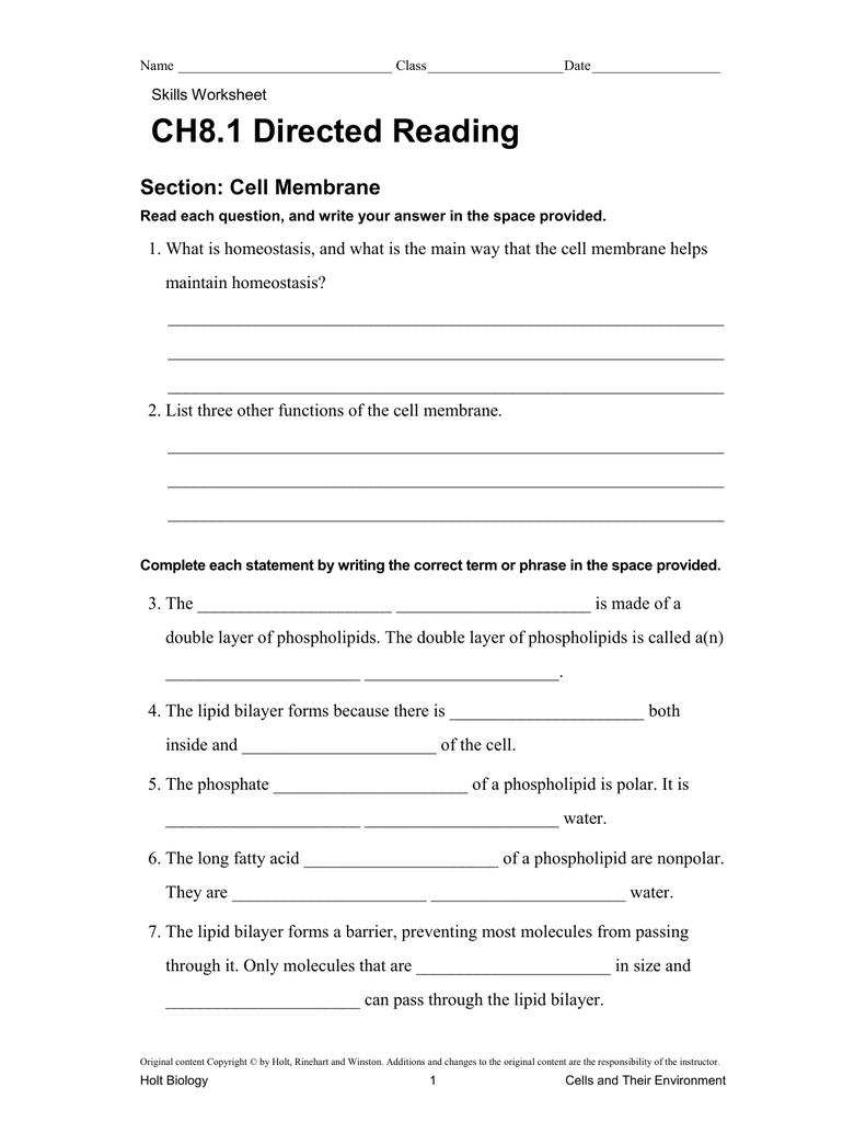 CH8 1 Directed Reading Section Cell Membrane