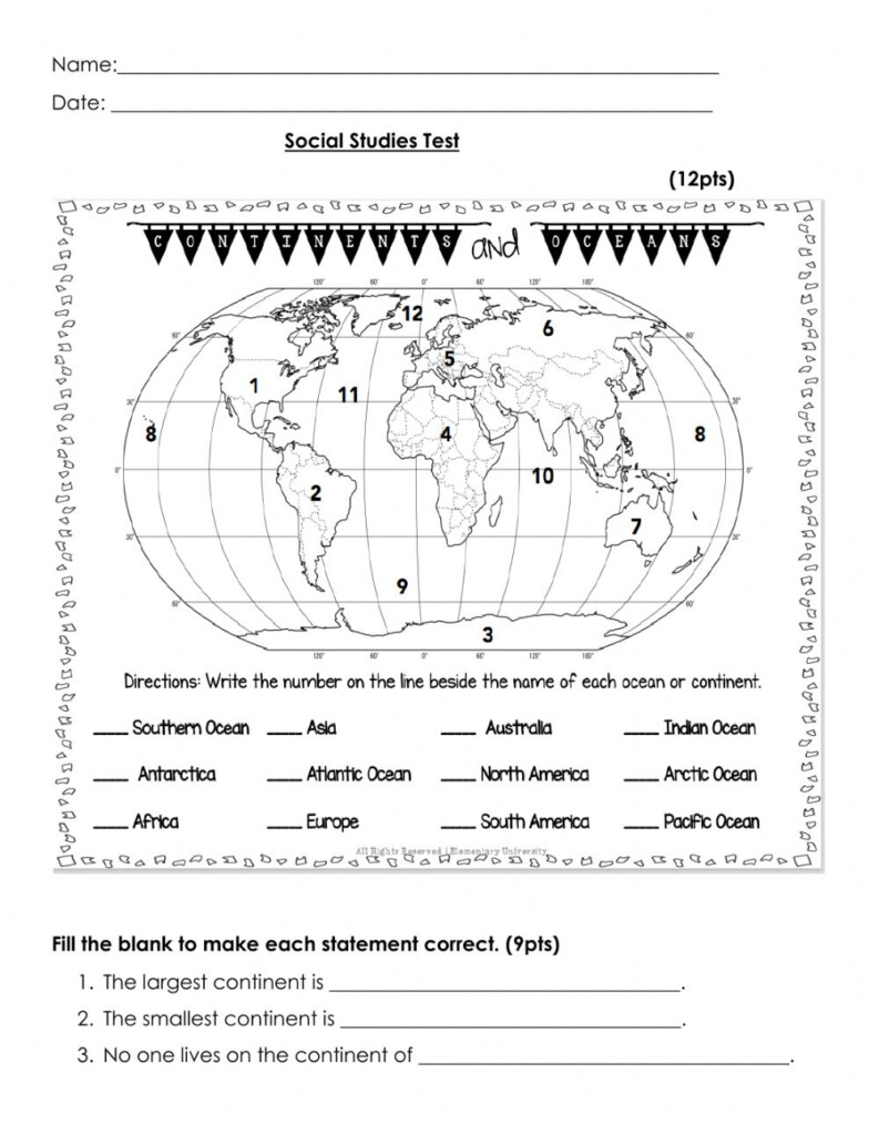 Continents And Oceans Worksheet