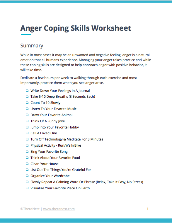 Coping Skills Worksheets Techniques For Anger Management TheraNest