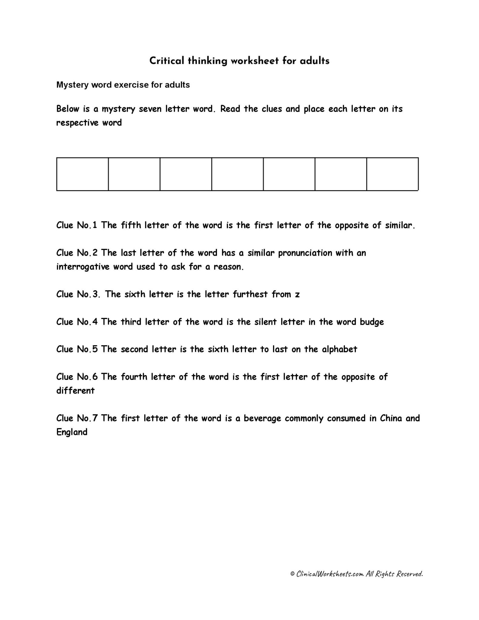 Critical Thinking Worksheet For Adults Clinical Worksheets