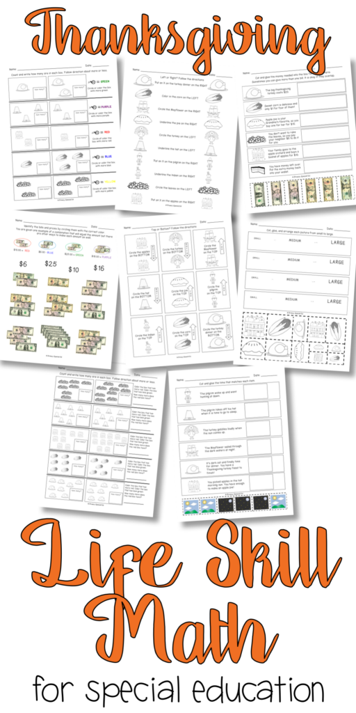 Differentiated Life Skill Math Pack Thanksgiving special Education 