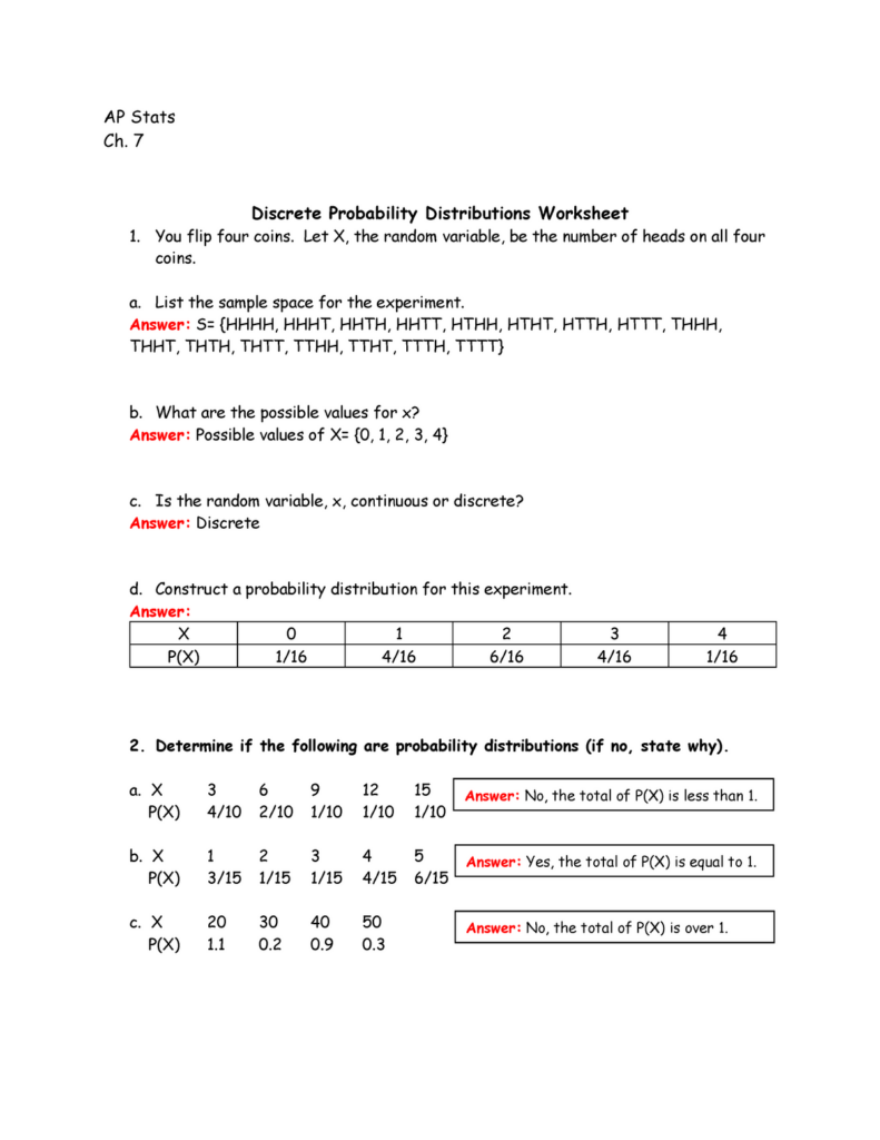 Discrete Probability Distributions Worksheet Answer No The Total Of 