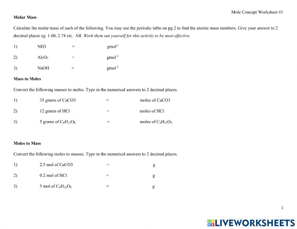 Ejercicio De Mole Concept Worksheet 1