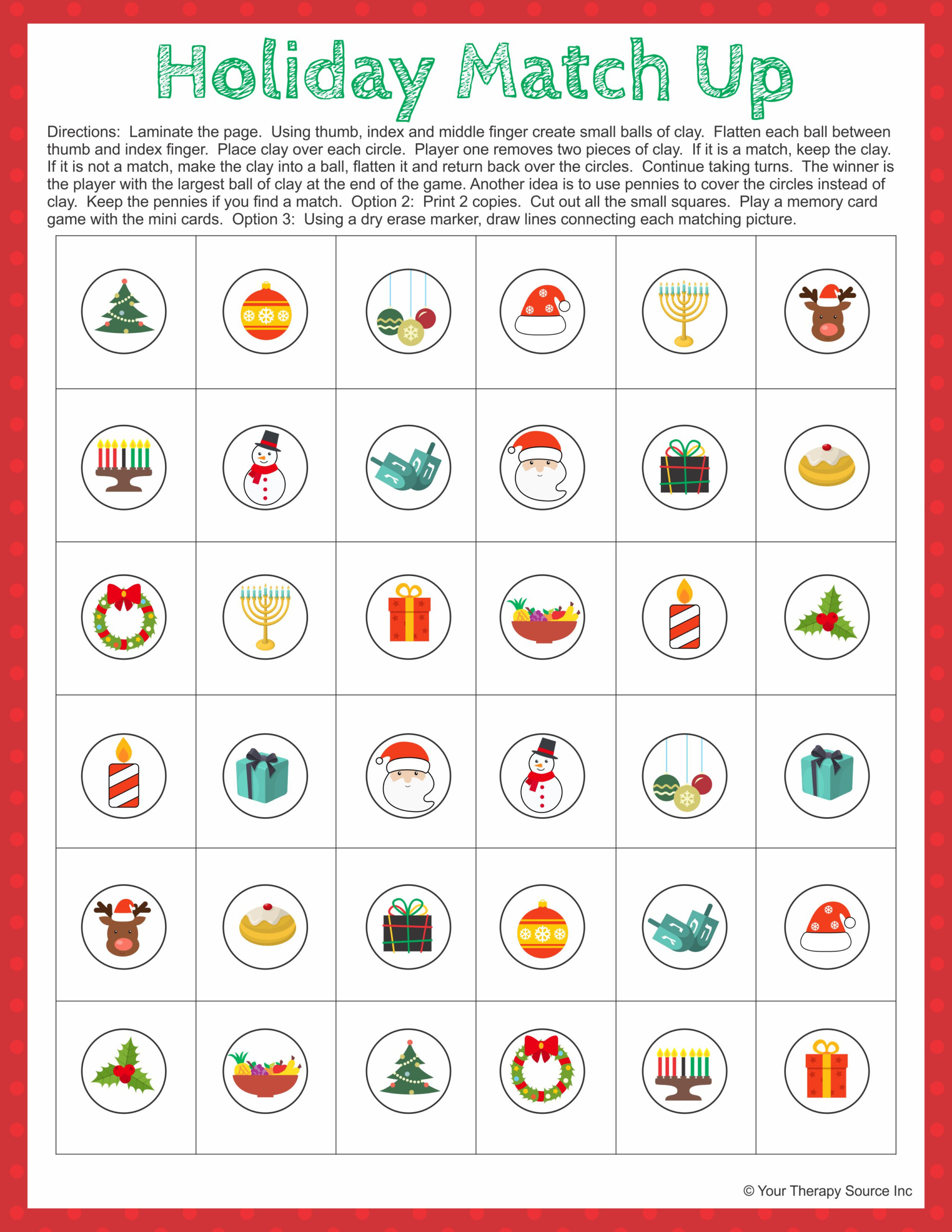 Holiday Match Up Fine Motor And Visual Memory Activity Your Therapy