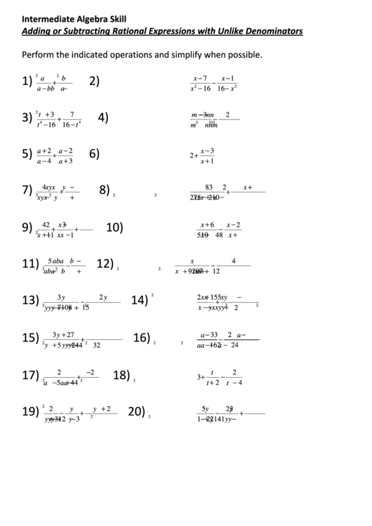 Intermediate Algebra Skill Adding Or Subtracting Rational Expressions 