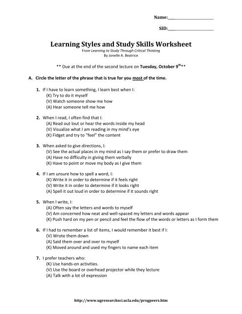 Learning Styles And Study Skills Worksheet UCLA
