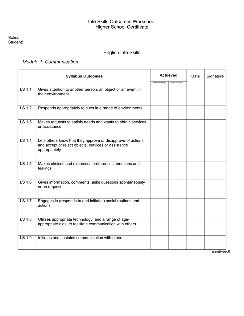 Life Skills Outcomes Worksheet Higher School Certificate English Life