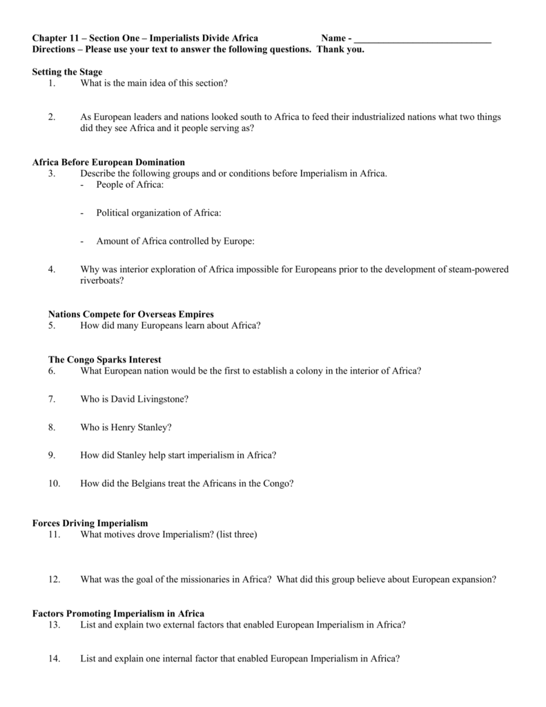 Motives For Imperialism Worksheet Answers Chapter 11 Section 1