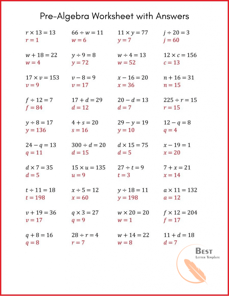 Printable Pre Basic Algebra Worksheets PDF