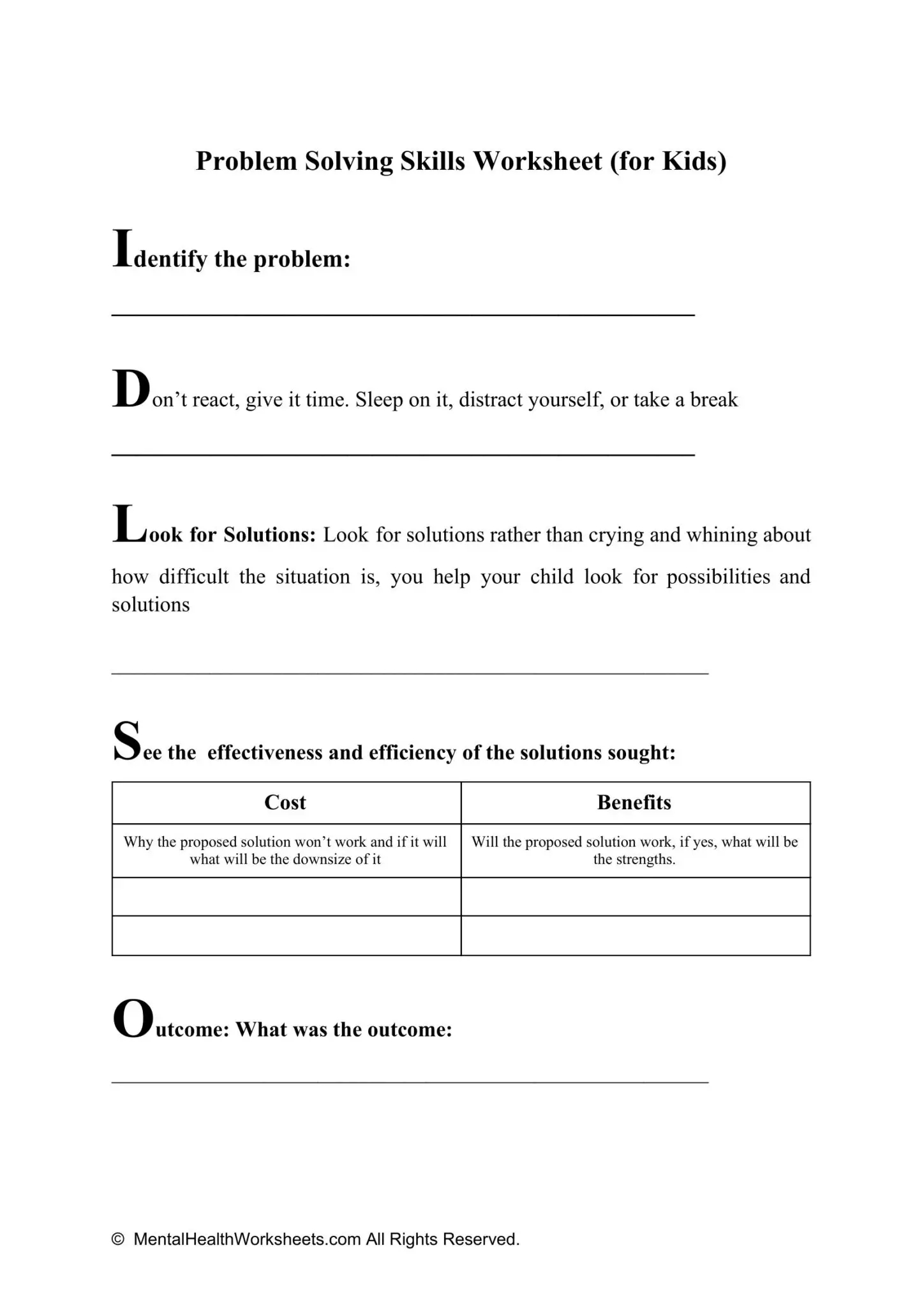 Problem Solving Skills Worksheet for Kids Mental Health Worksheets