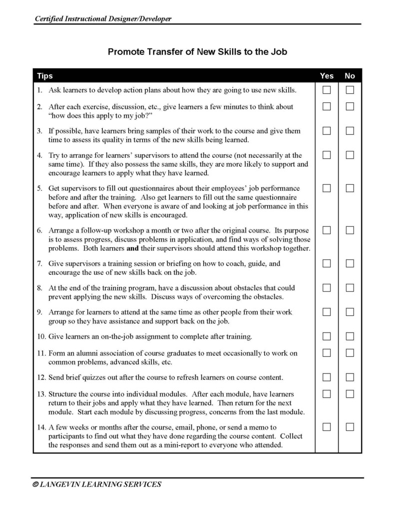 Promote Transfer Of New Skills To The Job Checklist Instructional 