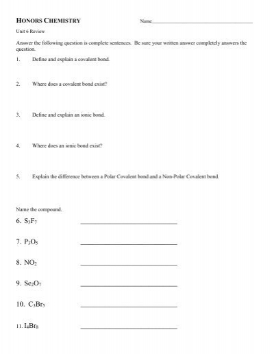 Review Worksheet Avon Chemistry