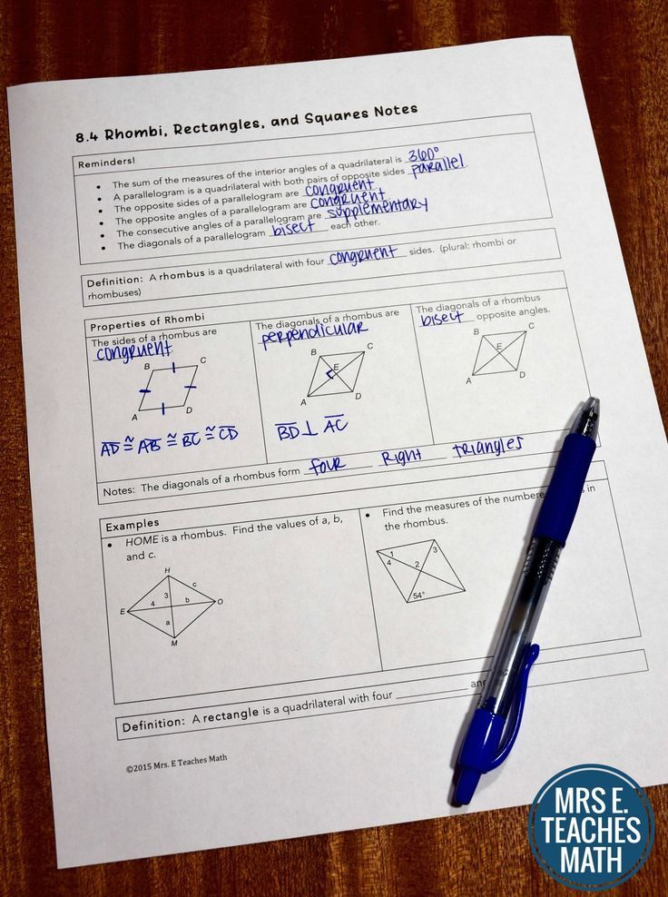 Rhombuses Rectangles And Squares Notes Full Lesson For High School 