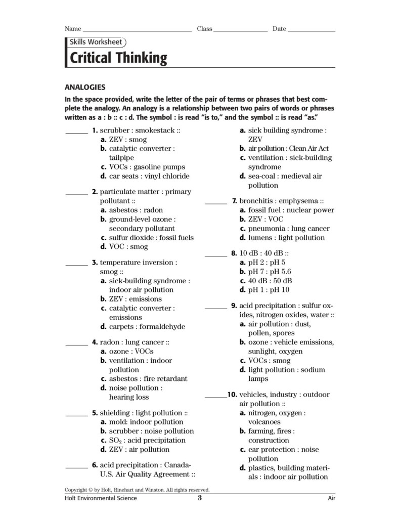 Skills Worksheet Critical Thinking Analogies