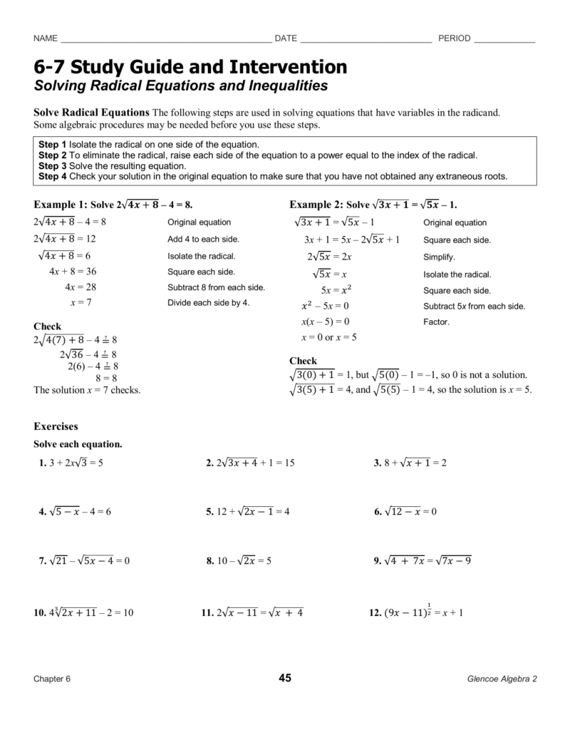 Solve Radical Equations Worksheet