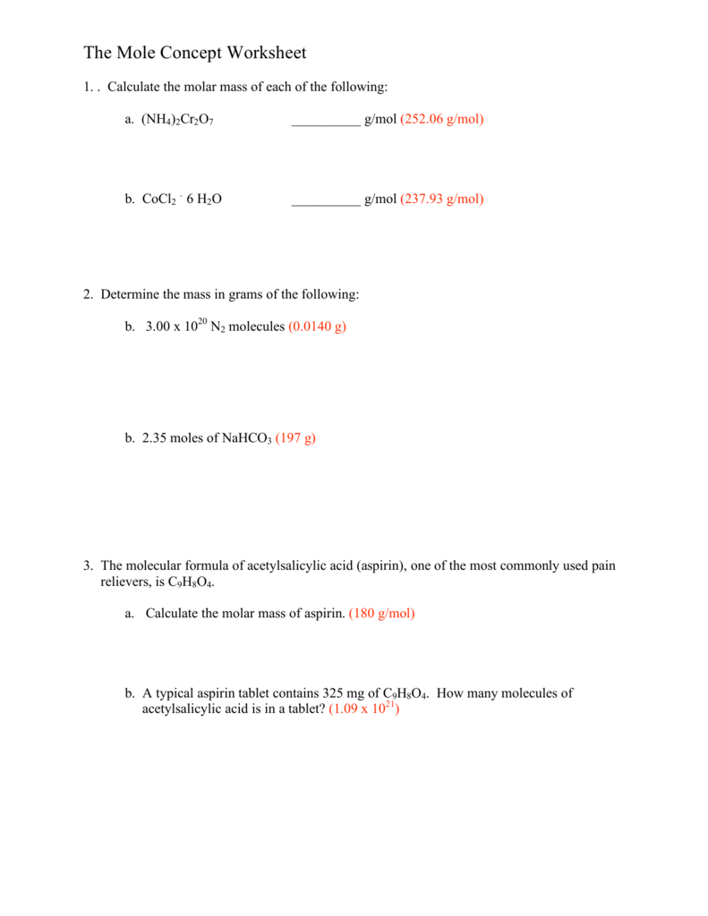 The Mole Concept Worksheet