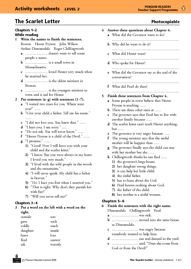 The Scarlet Letter Worksheet Answers Promotiontablecovers