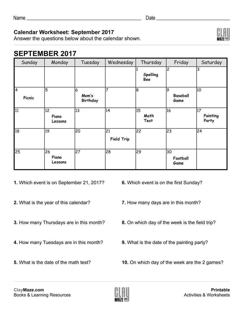 This Worksheet Features A Calendar With Events Posted On Different 