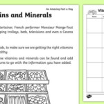 Vitamins And Minerals Worksheet Activity Sheet Free Worksheets Samples