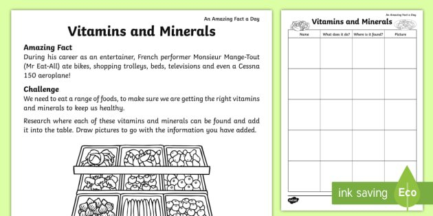 Vitamins And Minerals Worksheet Activity Sheet Free Worksheets Samples