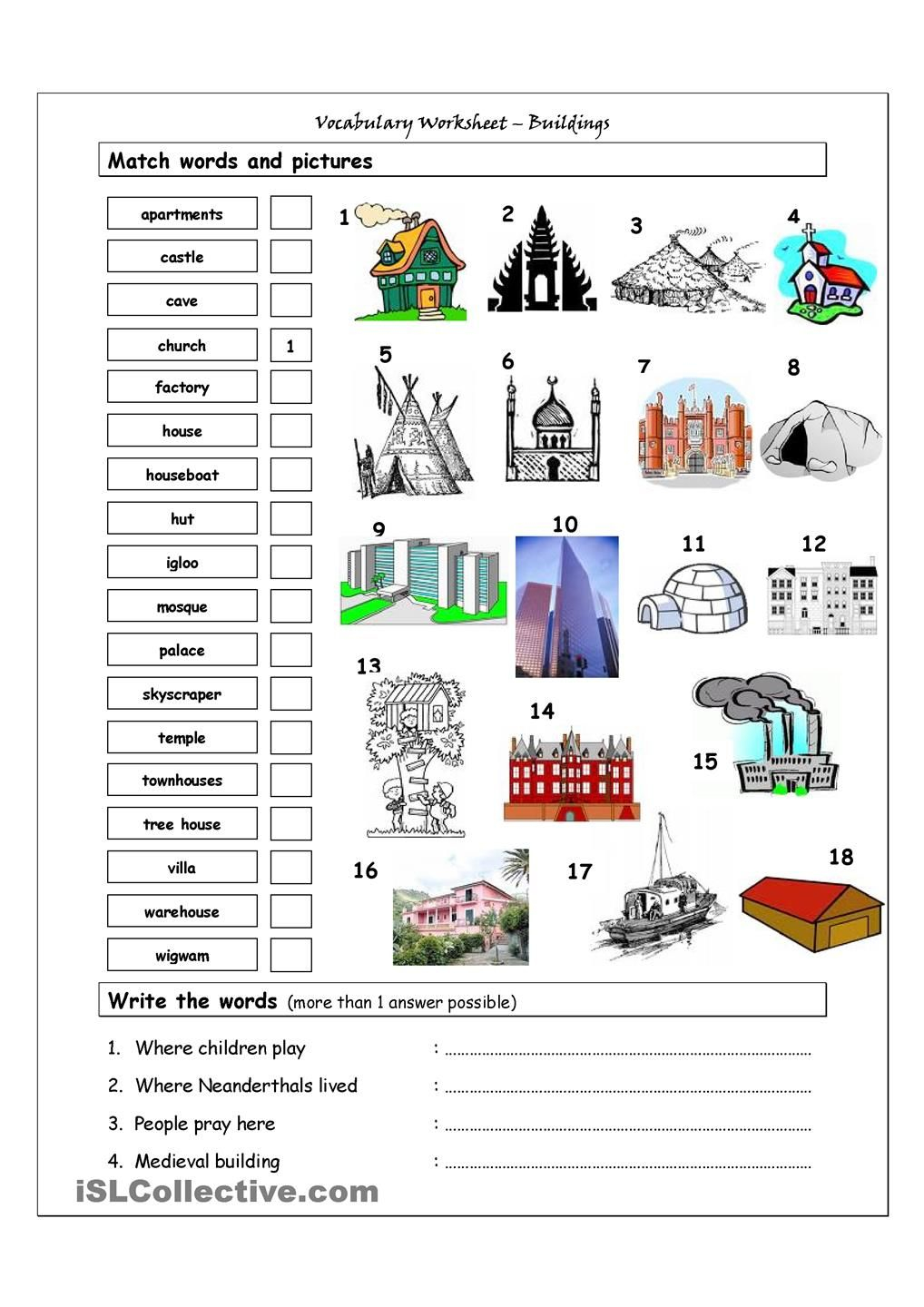 Vocabulary Matching Worksheet Buildings Life Skills Curriculum