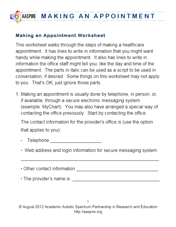 Worksheet For Making An Appointment At A Doctor s Or Other Medical