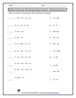 Adding Subtracting Multiplying Complex Numbers Matching Worksheet 