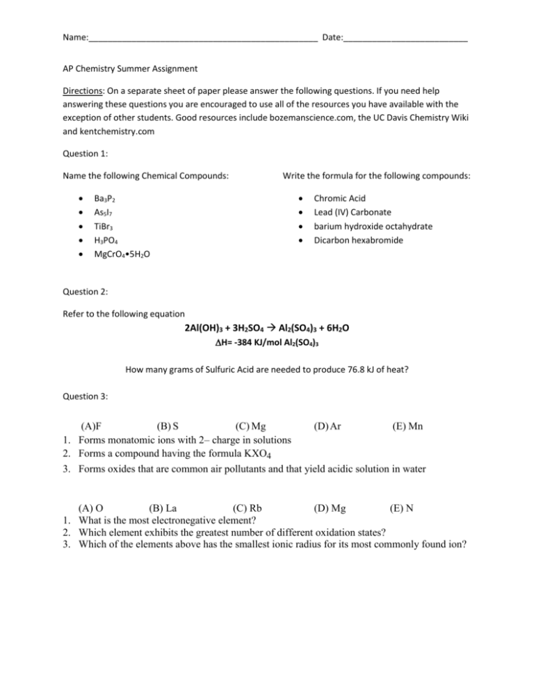 AP Chemistry Summer Assignment 1