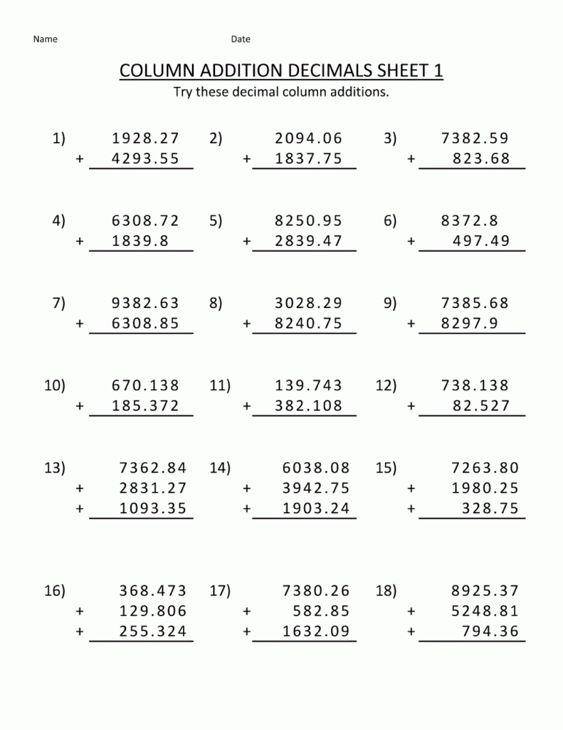 Fifth Grade Math Worksheets Addition To Decimals Learning Printable