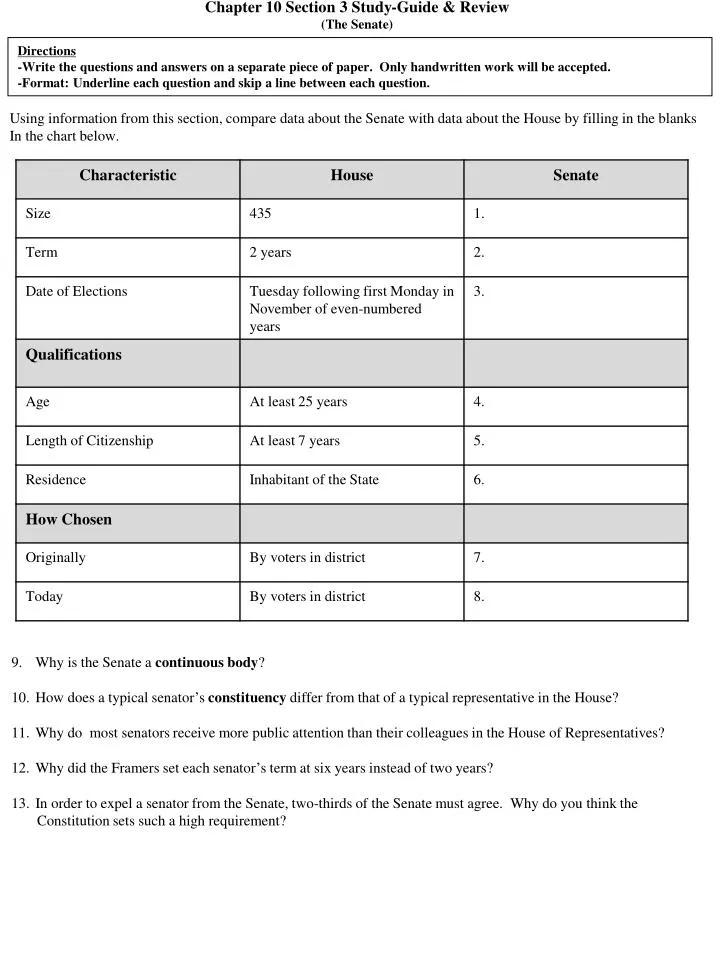 PPT Chapter 10 Section 3 Study Guide Review The Senate PowerPoint 