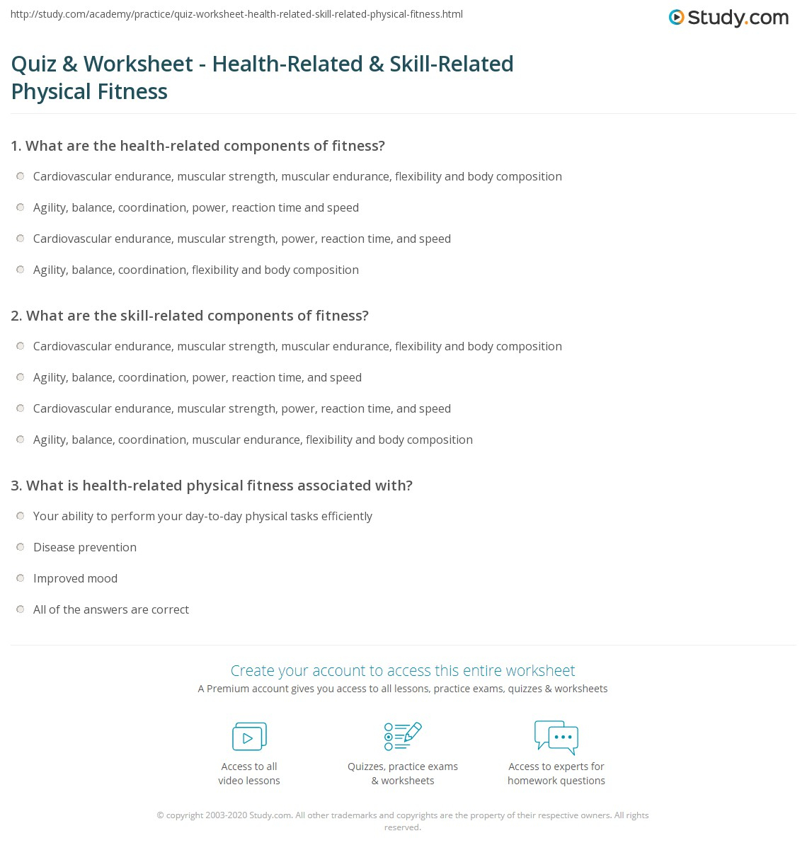Quiz Worksheet Health Related Skill Related Physical Fitness