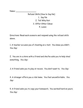 Refusal Skills Say No Worksheet By Lifeskills Laboratory TPT