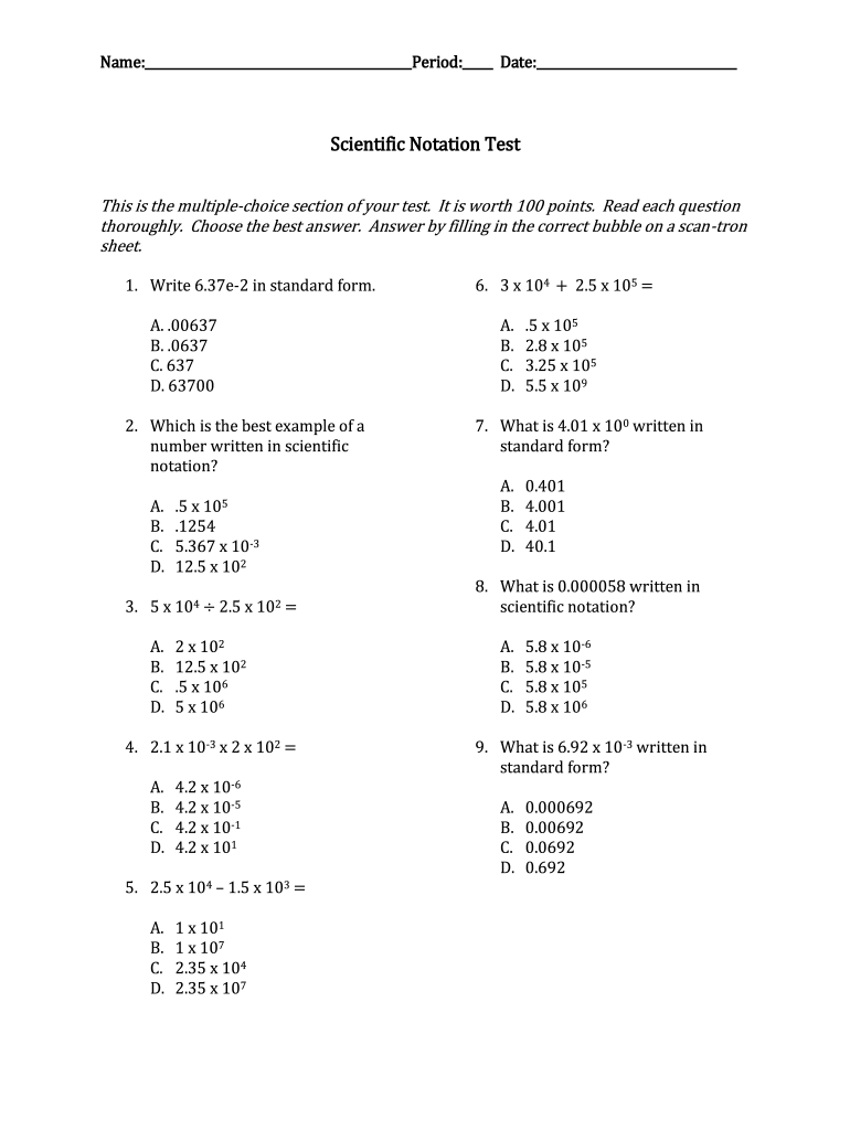 Scientific Notation Practice Worksheet Chemistry