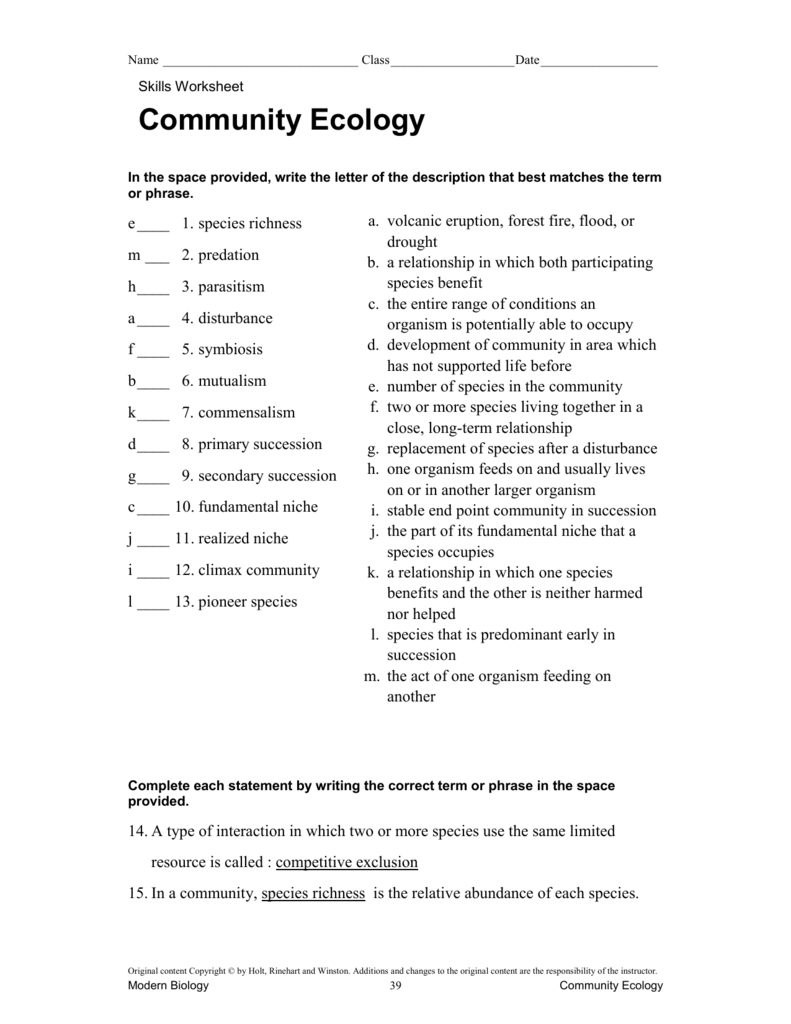 Skills Worksheet Community Ecology Answer Key SkillsWorksheets