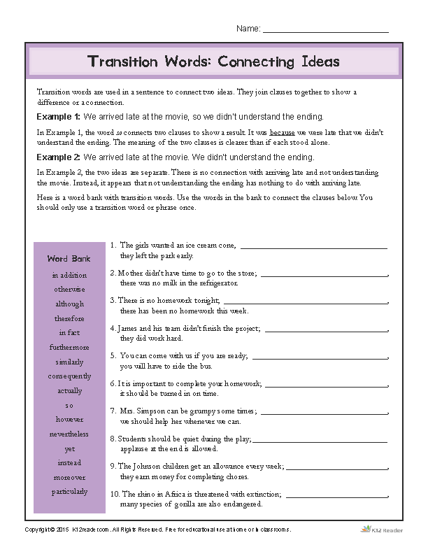 Transition Words Worksheets 99Worksheets