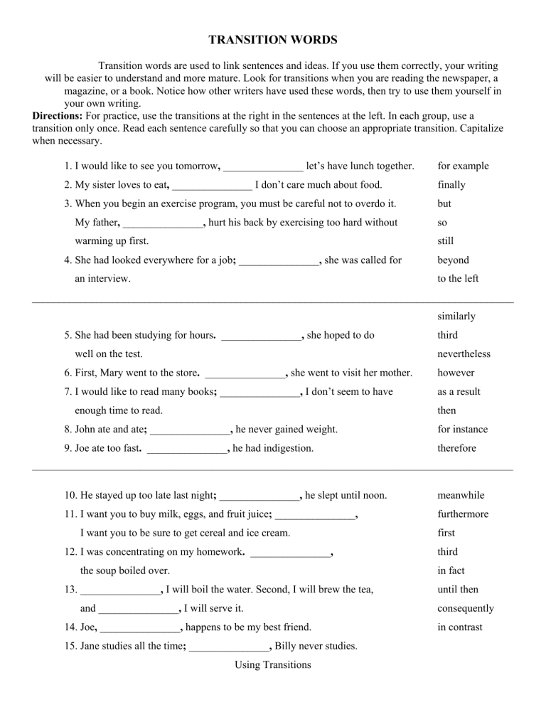 Transition Worksheet